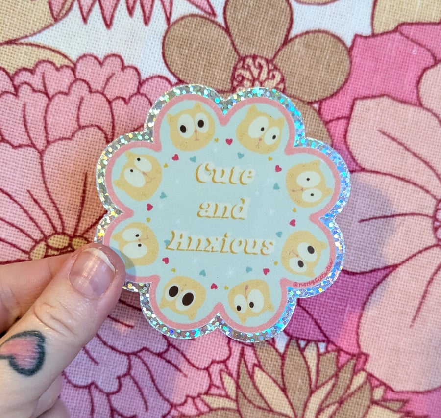 Cute and anxious cat glitter hologram sticker