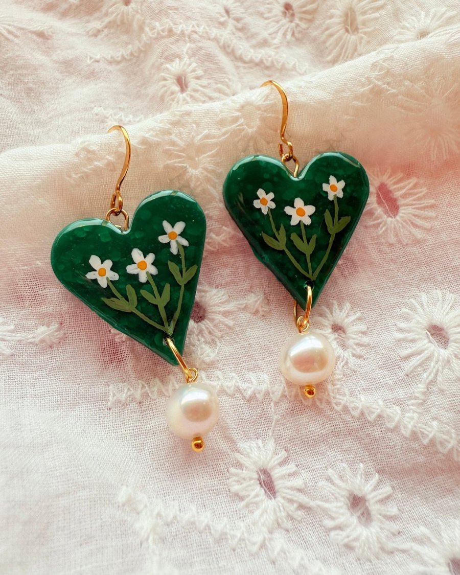 Daisies Heart Shaped Earrings with Pearl Dangles - FREE DELIVERY