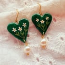 Daisies Heart Shaped Earrings with Pearl Dangles - FREE DELIVERY