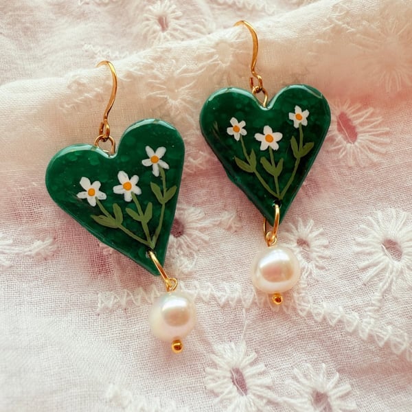 Daisies Heart Shaped Earrings with Pearl Dangles - FREE DELIVERY