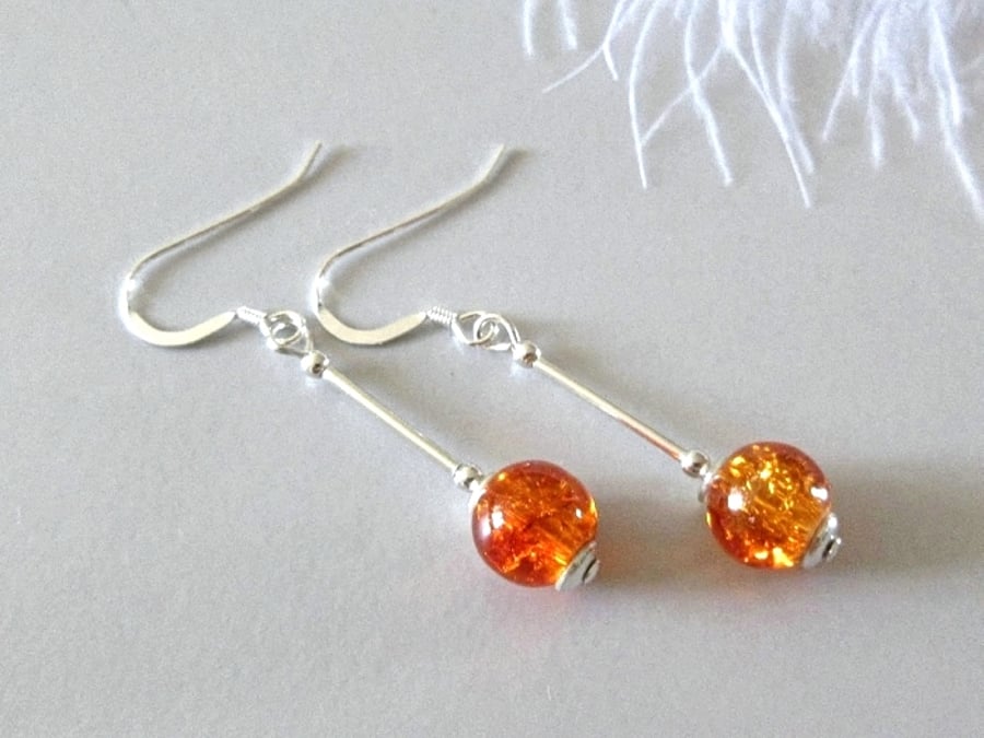 Orange Crackle Glass & Sterling Silver Tubes Dangly Earrings