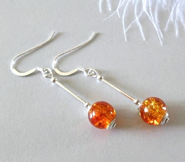Orange Crackle Glass & Sterling Silver Tubes Dangly Earrings