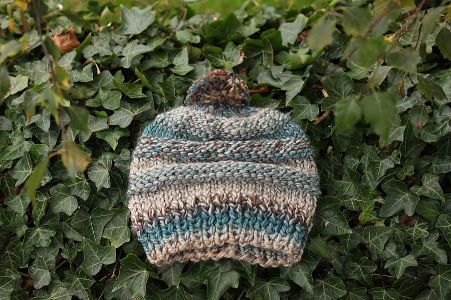Knitted beanie bobble hat, super chunky cap winter autumn blue brown light grey 