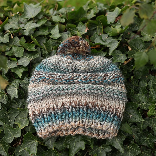 Knitted beanie bobble hat, super chunky cap winter autumn blue brown light grey 