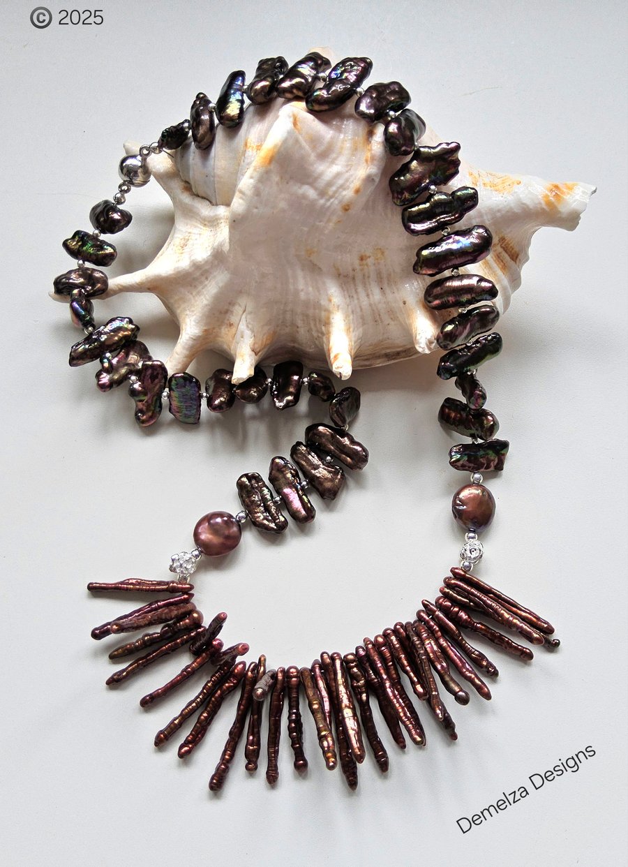 Designer Bronze Colour Biwa- Stick Pearl Sterling Silver Necklace 
