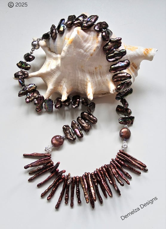 Designer Bronze Colour Biwa- Stick Pearl Sterling Silver Necklace 