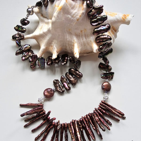 Designer Bronze Colour Biwa- Stick Pearl Sterling Silver Necklace 