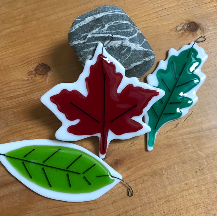 fused Glass leaves, set of three, oak, sycamore... Folksy