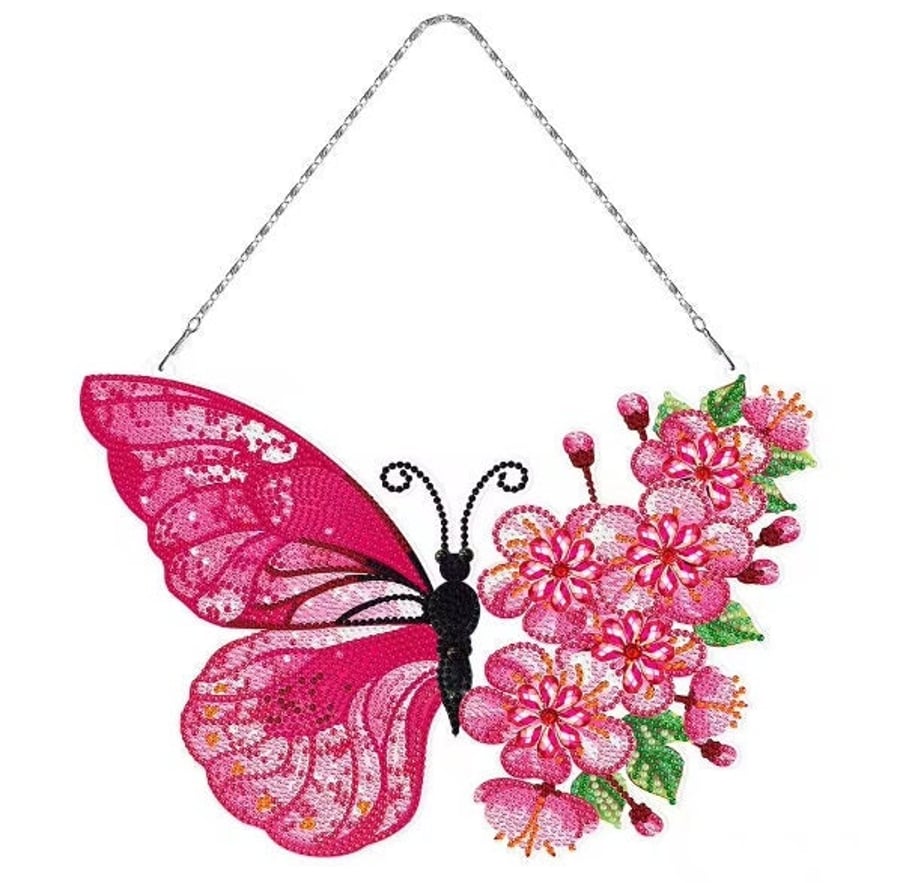 5D DIY Floral Pink Butterfly Hanging Diamond Art Pendant Kit Crystal Embroidery 