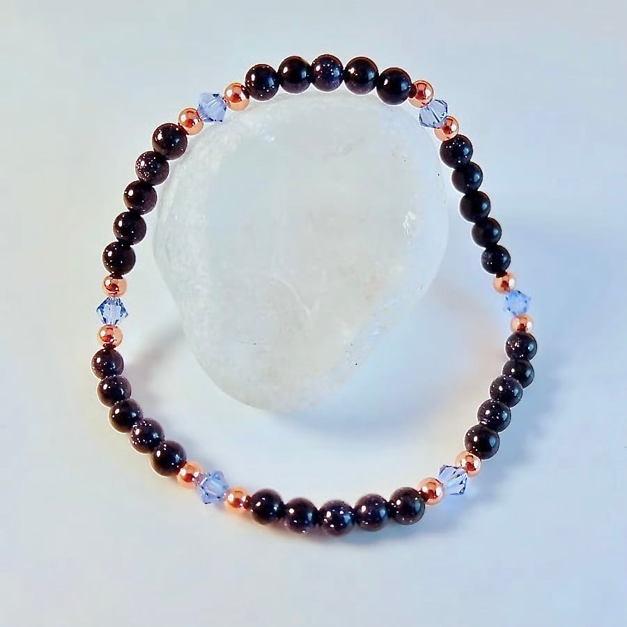 Blue Goldstone, Swarovski 'Light Sapphire' Crystal & Copper Bracelet-Free UK P&P