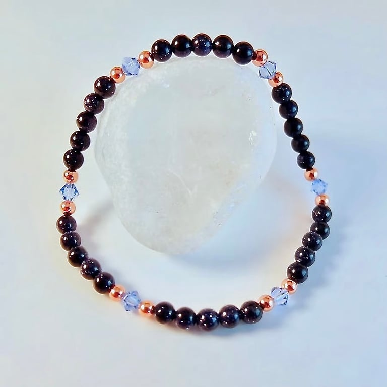 Blue Goldstone, Swarovski 'Light Sapphire' Crystal & Copper Bracelet-Free UK P&P