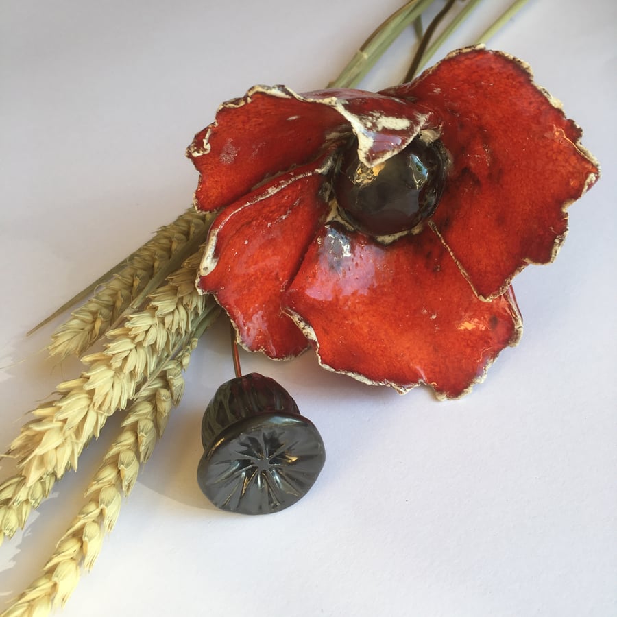 Red Ceramic Poppy - stemmed flower for floral arrangement or wedding bouquet