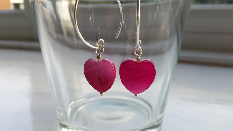 Bright Pink Shell Heart and Hoop Earrings