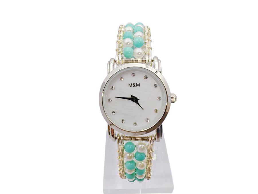 Blue and white pearl beads Bracelet Watch Beaded Wrist Watch Personalized Women'