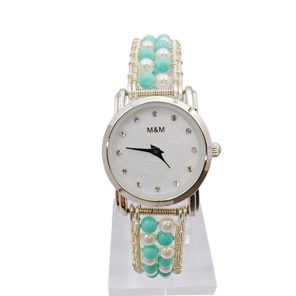 Blue and white pearl beads Bracelet Watch Beaded Wrist Watch Personalized Women'