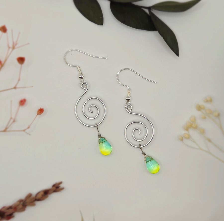 Sterling silver spiral wire dangle earrings with teardrop bead charms