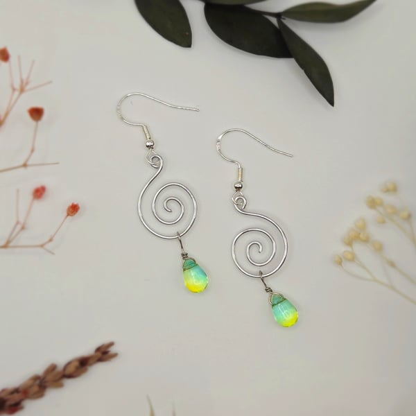 Sterling silver spiral wire dangle earrings with teardrop bead charms