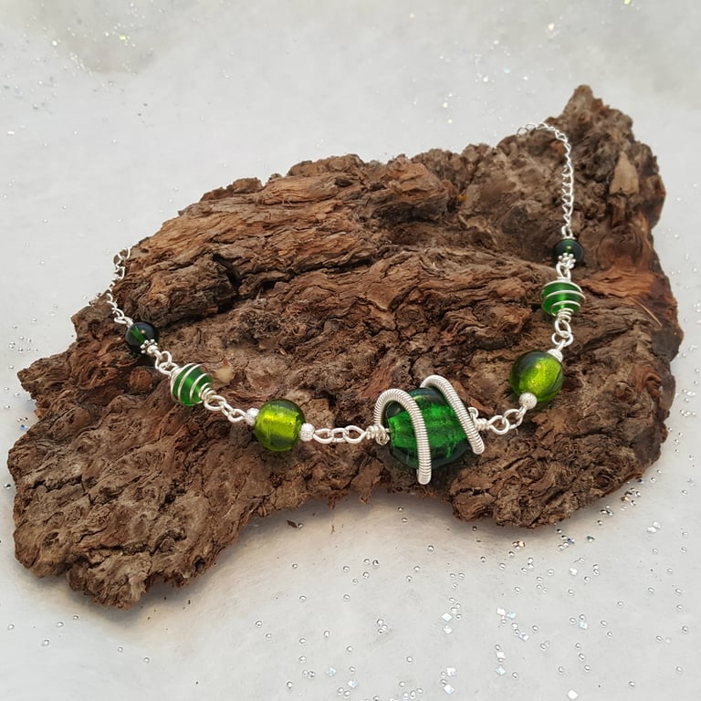 Green Glass Bead Wire Wrapped Necklace - Silver Wire Statement Jewellery