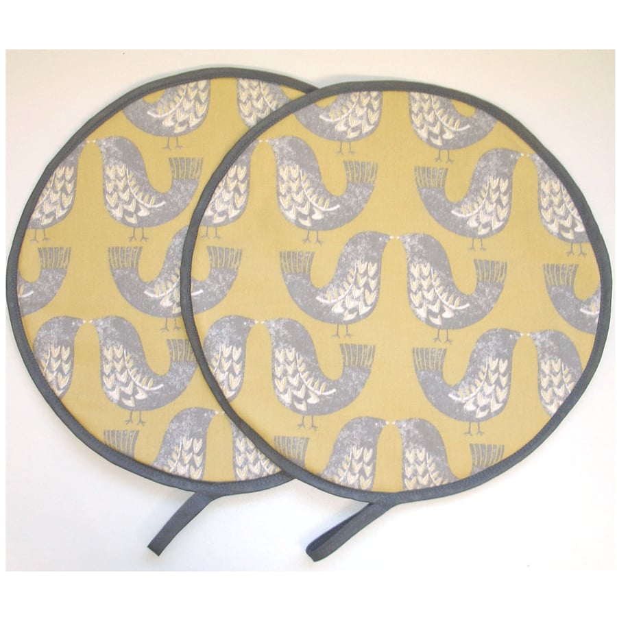 Bird Aga Hob Lid Mat Pad Hat Covers Surface Saver Pair of Scandi Yellow Grey