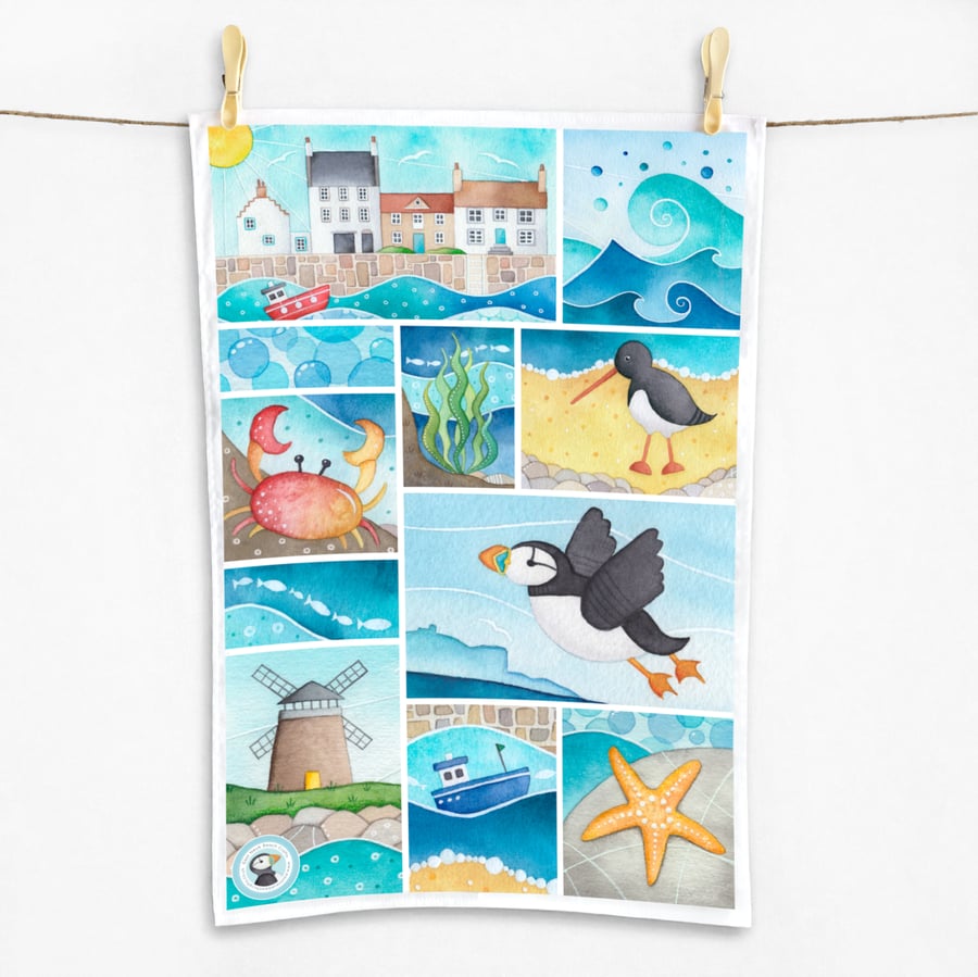 Seaside Tea Towel - Coastal Nautical Kitchen Gifts - Puffin, Oystercatcher, Boat