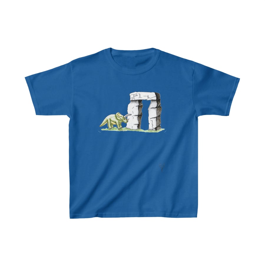 Triceratops Horned Dinosaur at Stonehenge Kids Heavy Cotton Tshirt by Bikabunny