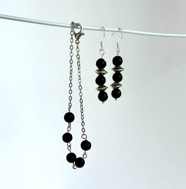 Lava stone bracelet and earrings - jewellery set - volcanic rock