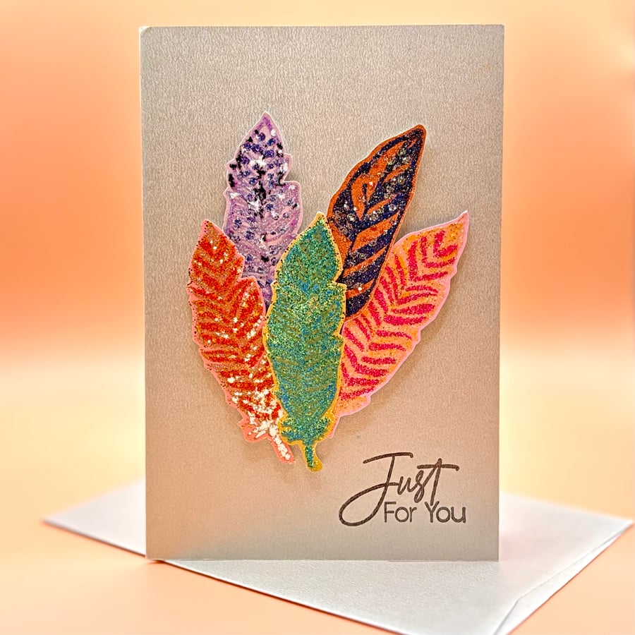 Handmade Sparkling Feathers Mini Thank You Card