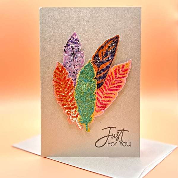 Handmade Sparkling Feathers Mini Thank You Card