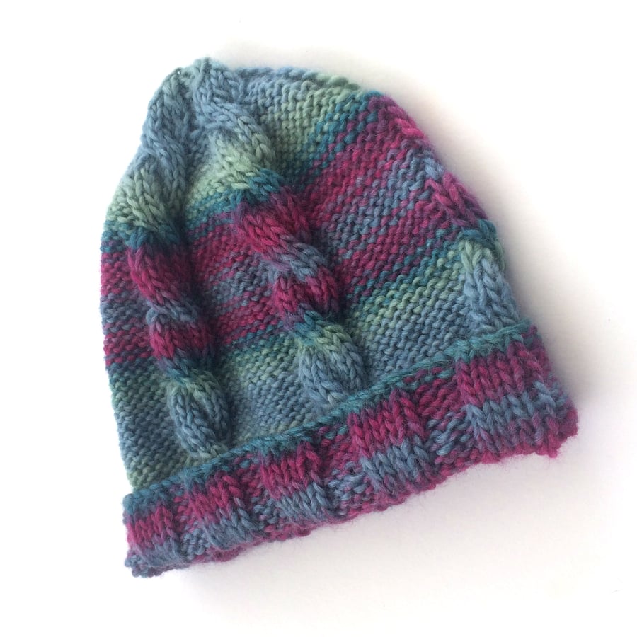 Striped cable knitted hat