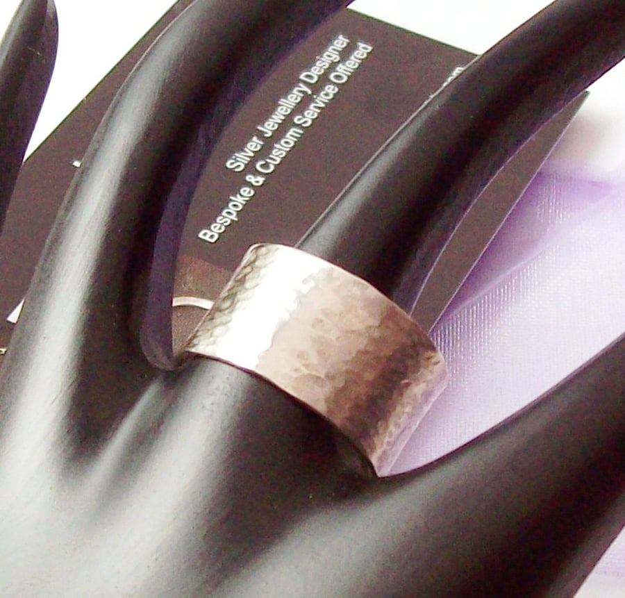 Wide band ring size R sterling silver , hammered wide ring , Hallmarked 