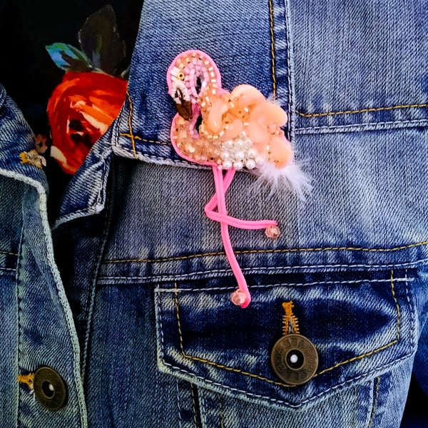 Pink Flamingo hand bead Embroidered Brooch