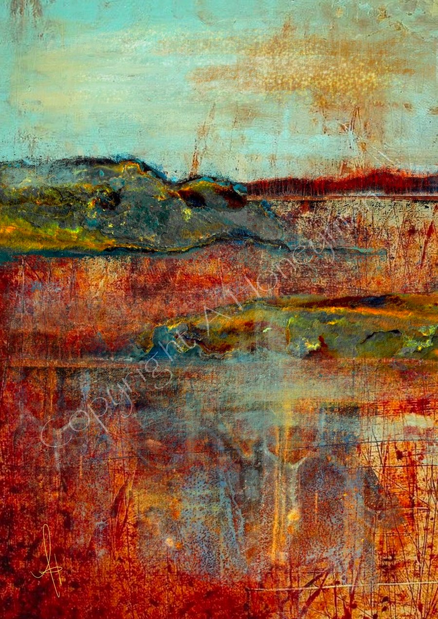Rust Scottish landscape mixed media print