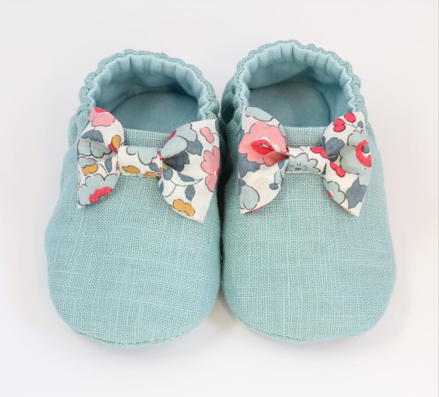 3-6 months baby girls shoes, duck egg blue with liberty bow baby shoes
