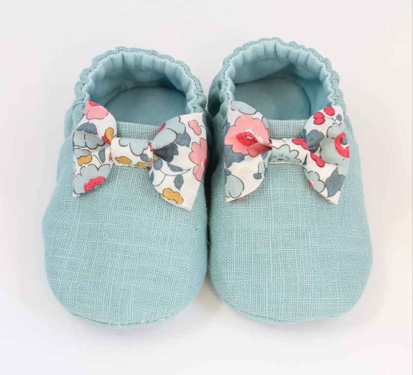 3-6 months baby girls shoes, duck egg blue with liberty bow baby shoes