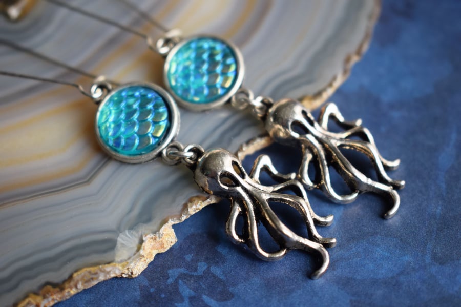 Octopus and Mermaid Scale Drop Earrings