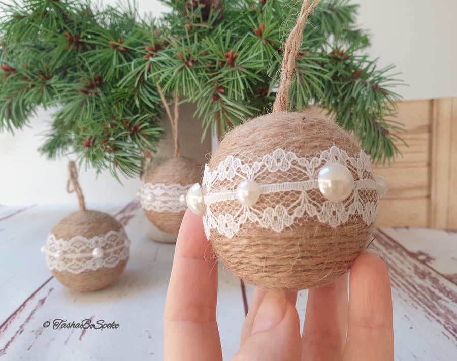 Christmas tree ornaments, Jute twine balls, Set of 3, Handcrafted décor