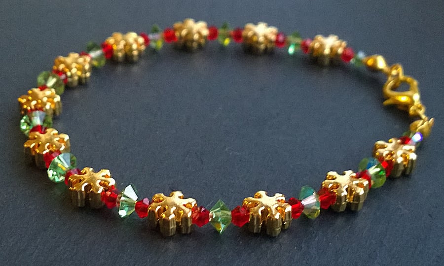 Golden Snowflake Winter Bracelet with Swarovski Crystals, Christmas Colours