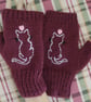 Plum Pink Hand Knitted Gloves With White Cat And Pink Hearts (J197) - Image 3