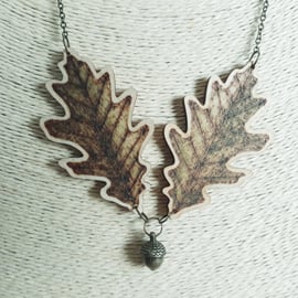 Pyrography wooden oak leaves and antique bronze acorn pendant