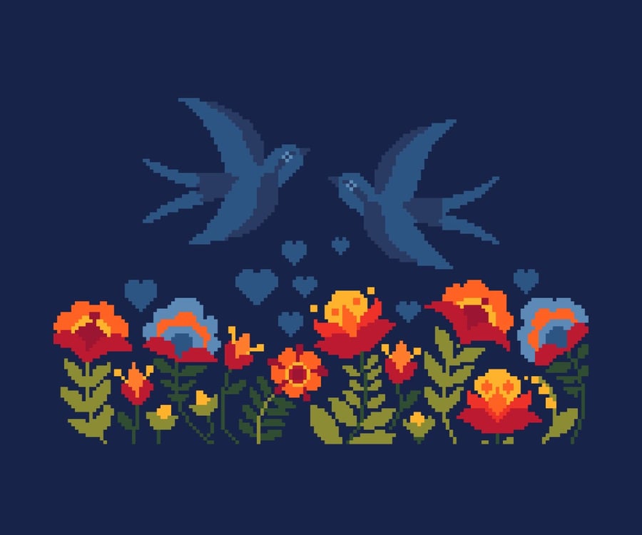 205 - Blue Swallows of Spring - Folk art love birds & flowers - CS Pattern