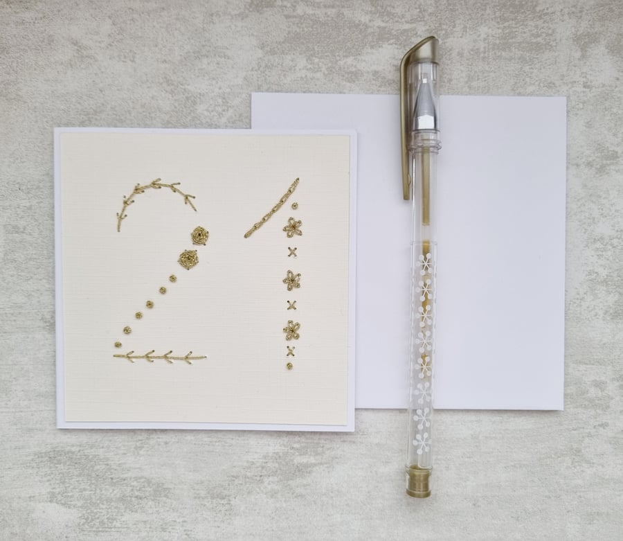 Hand Embroidered 21st Birthday Card