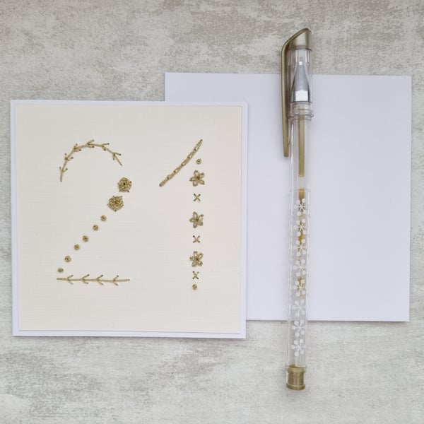 Hand Embroidered 21st Birthday Card