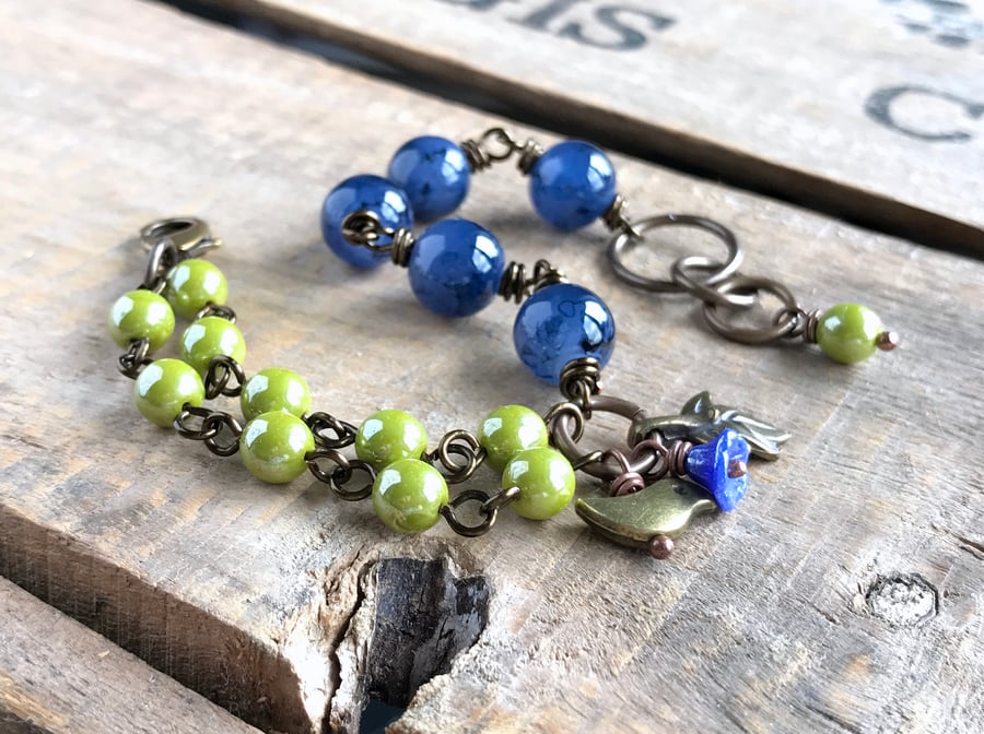 Multi Strand Glass Bead Bracelet. Colourful Blue & Chartreuse Green Bracelet