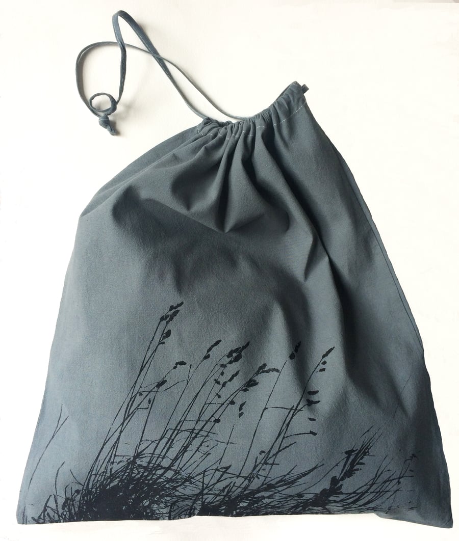 Wild  Meadow grasses  hand dyed handprinted cotton drawstring laundry bag 