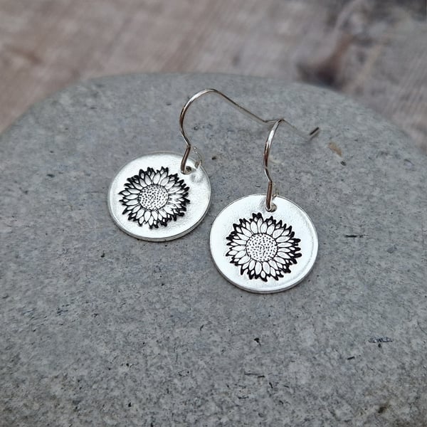 Sterling Silver Sunflower Disc Earrings