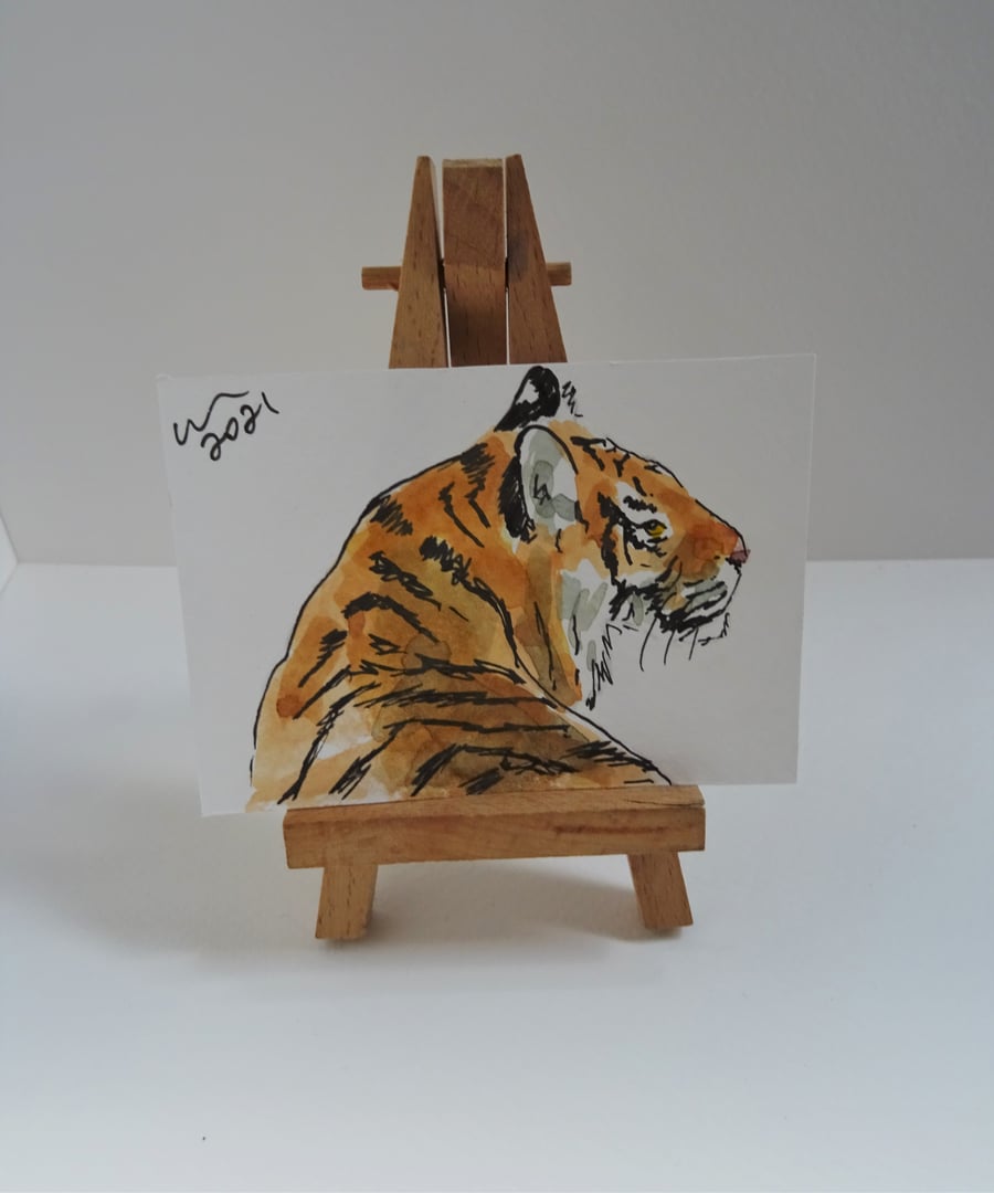 ACEO Looking Tiger Original Watercolour & Ink Painting OOAK 