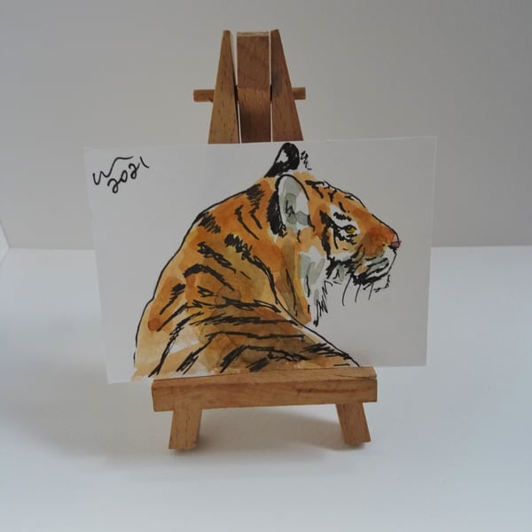 ACEO Looking Tiger Original Watercolour & Ink Painting OOAK 