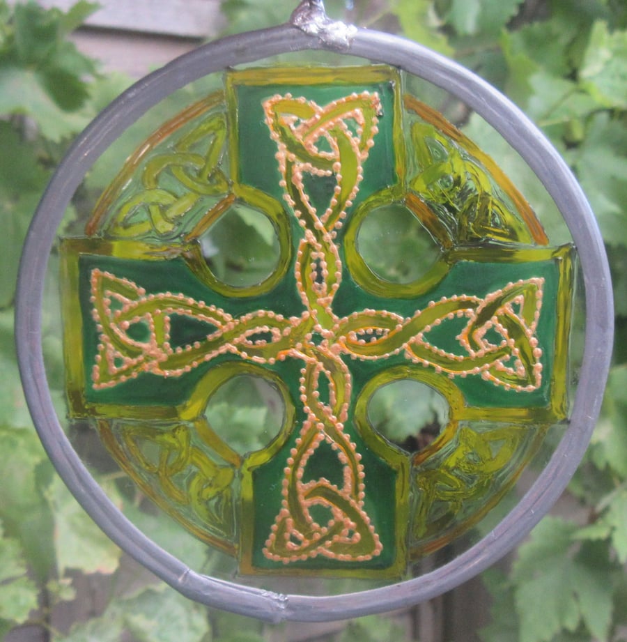 Suncatcher - Celtic Knot Cross in gold and greens - small 