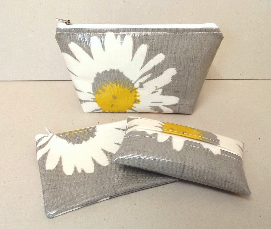 Grey daisy make up bag, coin purse and tissue holder, gift set