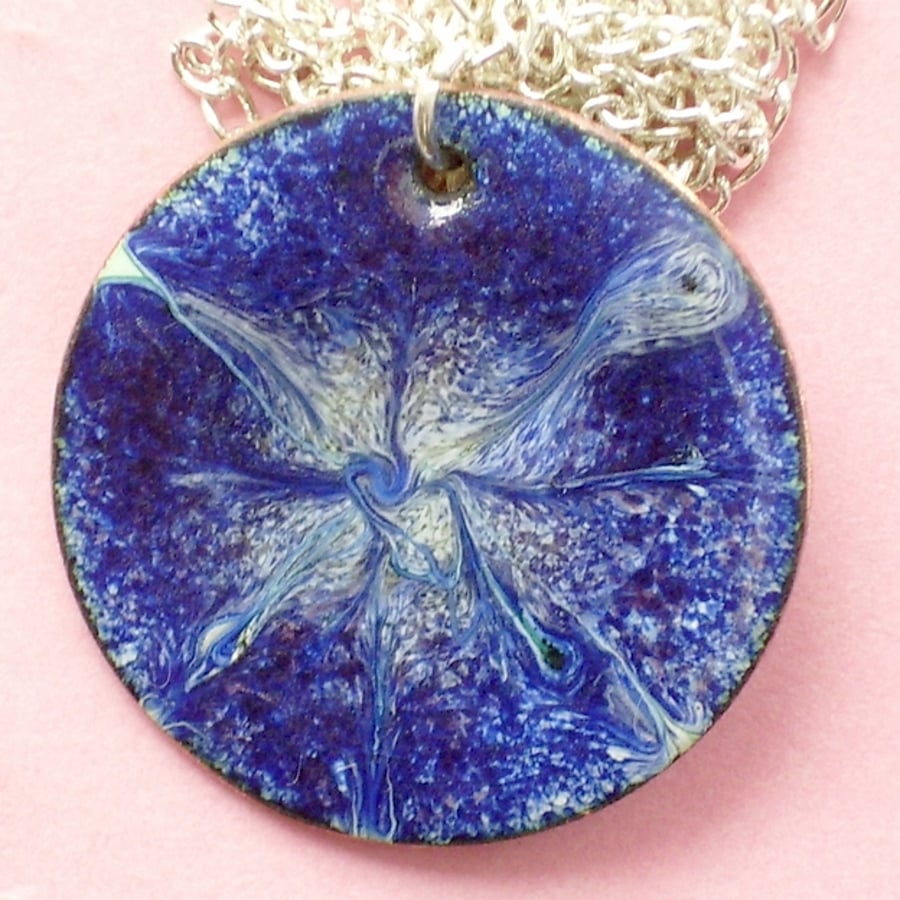 enamel pendant - scrolled white over dark blue